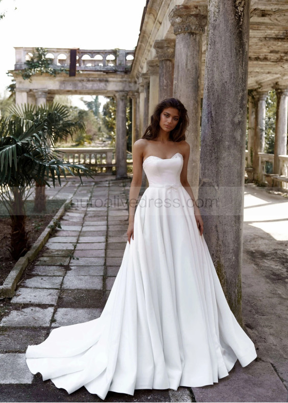 Strapless White Beaded Lace Satin Classic Wedding Dress